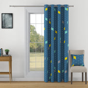 Geometric Elegance curtains, 330GSM blackout curtains, teal blue curtains, abstract geometric curtains, polyester-knitted curtains, modern home decor, vibrant curtains, 90% blackout curtains, fadeproof curtains, durable curtains, ready-to-hang curtains, stylish curtains, contemporary curtains, colorful curtains, light-blocking curtains.
