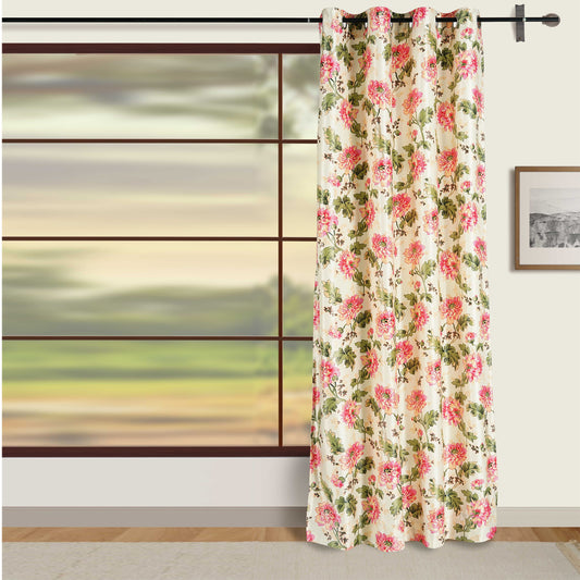 Ethnic Floral Motif curtains, 330GSM blackout curtains, cream and pink curtains, floral pattern curtains, polyester-knitted curtains, traditional home decor, vibrant curtains, 90% blackout curtains, fadeproof curtains, durable curtains, ready-to-hang curtains, elegant curtains, exotic curtains, light-blocking curtains.