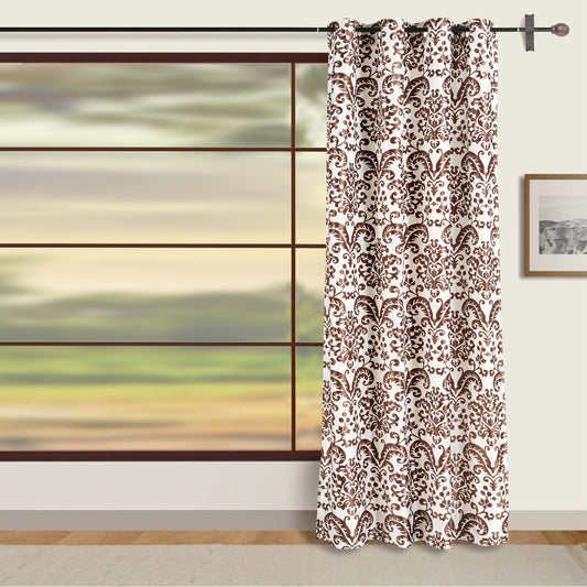 Ethnic Floral Motif curtains, 330GSM blackout curtains, cream and brown curtains, floral pattern curtains, polyester-knitted curtains, traditional home decor, elegant curtains, 90% blackout curtains, fadeproof curtains, durable curtains, ready-to-hang curtains, exotic curtains, light-blocking curtains.