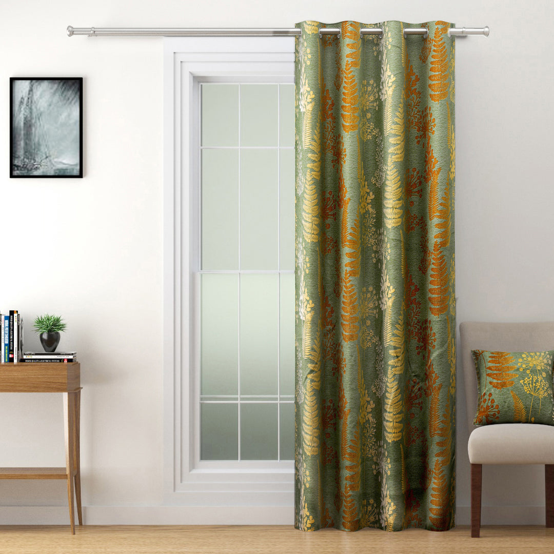 Olive Grove Curtain, Ethnic Motif Curtain, Leaves Print Curtain, 240GSM Polyester Curtain, 80% Blackout Curtain, Olive Green Curtain, Traditional Floral Curtain, Shrinkage Free Curtain, Fadeproof Curtain, Ready-to-Use Curtain, Swayam Curtains
