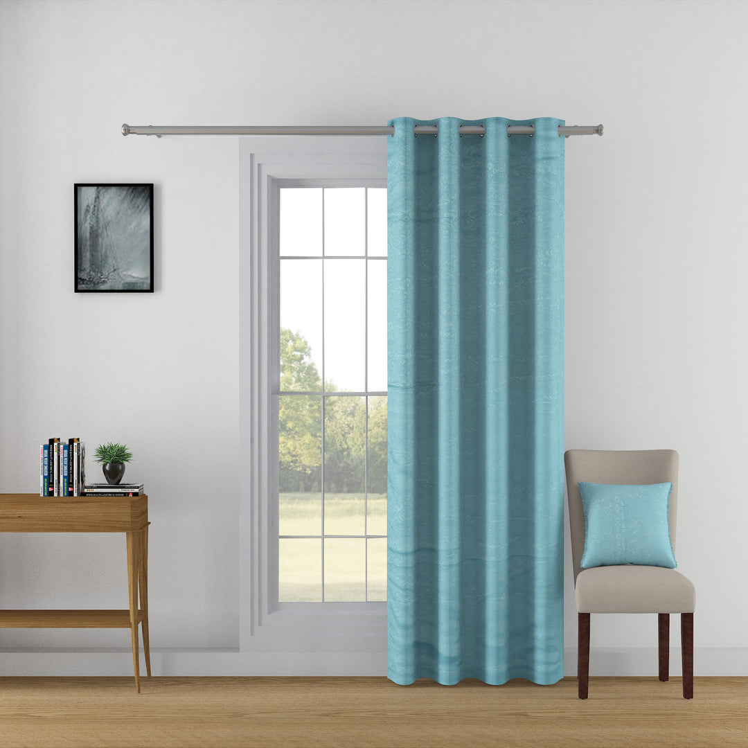 Blissful Serenity - 250GSM 100% Blackout Light Blue Self Design Polyester Embossed Jacquard Curtain