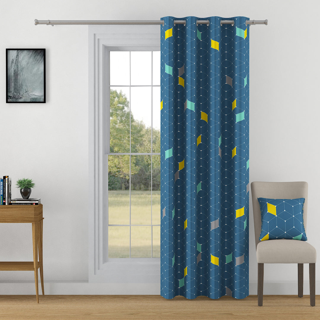 Geometric Elegance - 330GSM 90% Blackout Teal Blue and Multicolour Abstract Polyester-Knitted
Curtain