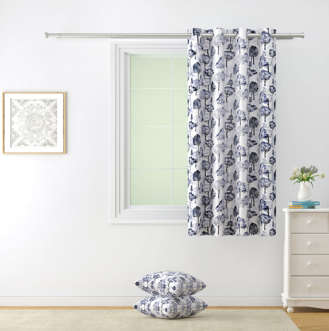 Nature Whisper - 330GSM 90% Blackout White and Grey Nature Floral Print Polyester-Knitted Curtain