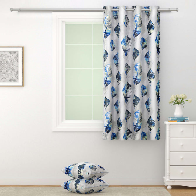 Leaf Harmony - 330GSM 90% Blackout Off White and Blue Leaves Print Polyester-Knitted Curtain