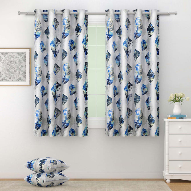 Leaf Harmony - 330GSM 90% Blackout Off White and Blue Leaves Print Polyester-Knitted Curtain