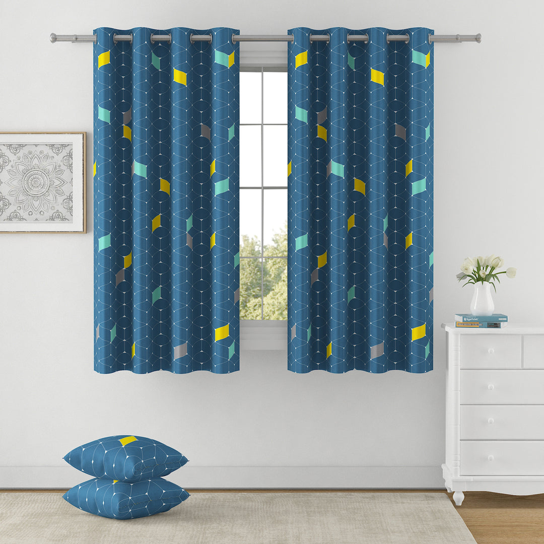 Geometric Elegance - 330GSM 90% Blackout Teal Blue and Multicolour Abstract Polyester-Knitted
Curtain