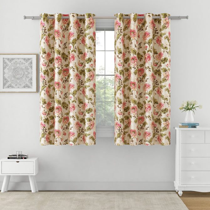 Ethnic Floral Motif - 330GSM 90% Blackout Cream and Pink Polyester-Knitted Curtain Curtain