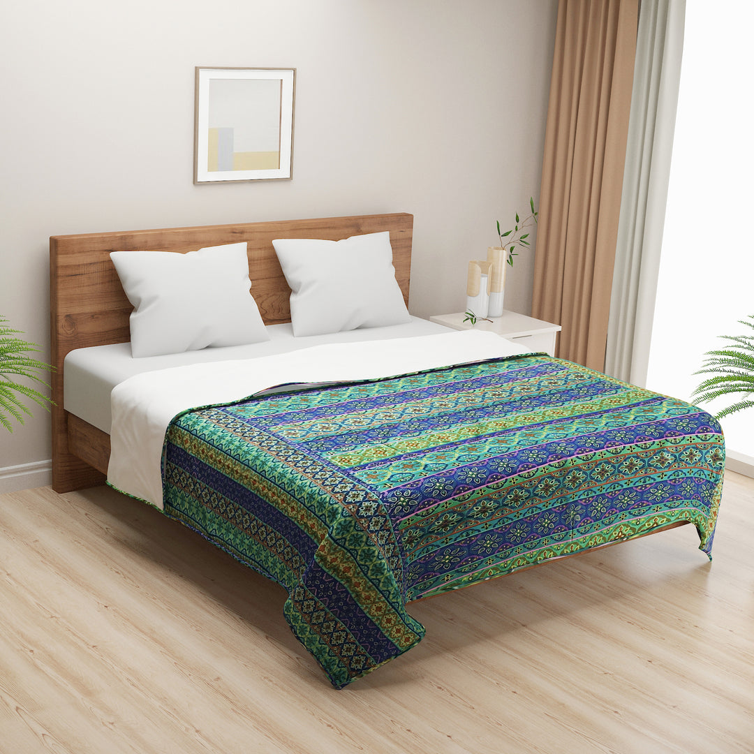 Bohemian cotton bedsheet, Exotic pattern bedding, Jewel-tone bedroom decor, Intricate design bedsheets, Luxury boho bed linen, Artistic cotton bedspread, Vibrant blue green bedsheet, Traditional motif bed cover, Rich patterned textile, Eclectic bedroom style, Ornamental bed decor, Indigo and emerald bedding, Old-world charm bedsheet, Mystical bedroom design, Bohemian sanctuary linen