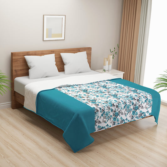 Floral cotton bedsheet set, 200TC bedding, multicolour bed linens, teal and white bedroom design, large pattern sheets, botanical bedspread, vibrant cotton comfort, garden-inspired duvet cover, bright floral textiles, luxury cotton sleep, nature-themed bedroom style, teal bloom pattern.