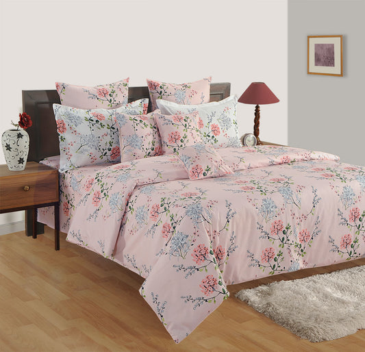 baby pink floral bedsheet, 210TC cotton comfort, grey geometric design, soft pink bedding, elegant flower pattern, quality cotton linen, peaceful bedroom decor, modern floral sheets, chic bedspread, sophisticated bedroom style, comfortable cotton sleepwear, tranquil bed linen