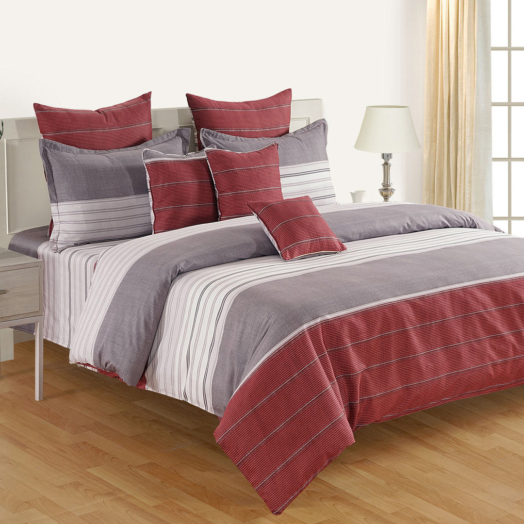 contemporary cotton bedsheet, bold maroon stripe design, modern grey cream bedding, 210 thread count luxury, chic striped bedspread, elegant bedroom stripes, high-quality cotton linen, stylish bed decor, luxurious sleep environment, sophisticated bed pattern