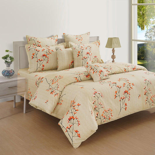 Japanese floral bedsheet, 210TC cotton bedding, traditional blossom design, serene bedroom flowers, Eastern-inspired linens, sophisticated bedspread pattern, peaceful sleep setting, nature-inspired bed decor, cultural home textiles, artistic blossom print, soft cotton comfort, elegant floral bedroom