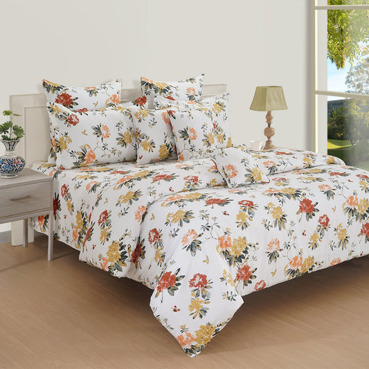 Warm Blossoms bedding, cozy floral bedsheet, soft cotton sheets, 210 thread count linen, vibrant bedroom pattern, nature's beauty decor, comforting cotton spread.