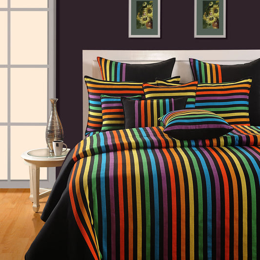 yarn-dyed cotton bedsheet, 240TC striped bedding, luxury multicolor stripes, elegant cotton linens, black stripe bedspread, vibrant bedroom design, high-quality stripe sheets, durable dyed fabric, contemporary bed decor, colorful bedding style, sophisticated bed linens, premium cotton comfort, artistic stripe pattern