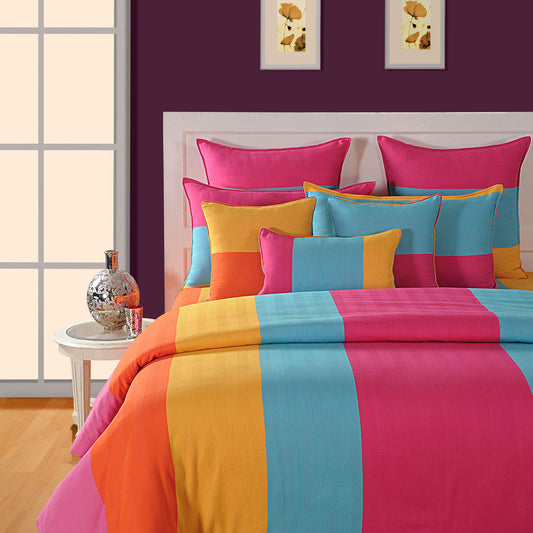 yarn-dyed cotton bedsheet, vibrant striped bedding, 240TC vibrant bed linen, colorblock bedspread, cheerful bedroom design, bright yellow pink blue stripes, luxury bed decor, contemporary stripe pattern, high-quality cotton sheets, bold bed linens, mix and match stripes, modern colorful bedding