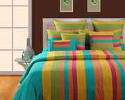 Magical Linea cotton bedsheet, 240TC striped bedding, sea green bedroom linen, yarn-dyed stripe design, coastal vibe bedspread, bright large pattern sheets, sunny yellow stripes, vibrant bed decor, mix and match bed linens, oceanic stripe pattern, luxury seaside bedding