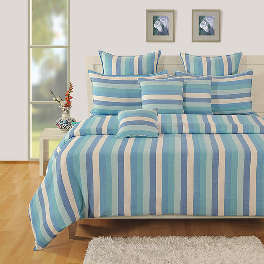 aqua striped bedsheet, oceanic calm bedding, 240TC cotton sheets, blue and green striped linen, serene bedroom stripes, yarn-dyed cotton comfort, geometric stripe pattern, light blue bedspread, sea-inspired bed decor, calming bed linen, durable striped sheet, tranquil sleep environment, soft cotton bedding