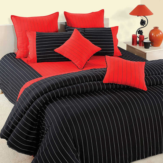 Striped cotton bedsheet set, 240 thread count luxury bedding, black and red stripe design, contemporary bed linens, bold striped bedspread, premium cotton sheets, dynamic bedroom decor, chic striped cotton set, high-quality bed linens, modern stripe pattern, elegant bedding collection, crisp cotton comfort, sophisticated bed decor.