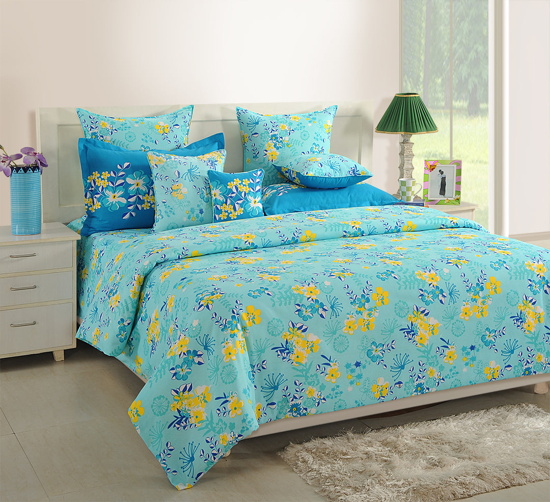 bright floral bedding, 120TC cotton bedsheet, vibrant garden bedroom decor, aqua blue bedding, fresh botanical bedspread, soft comfortable bedding, premium cotton bedding, lively bedroom textiles, cheerful nature-inspired bed linen, colorful floral patterns