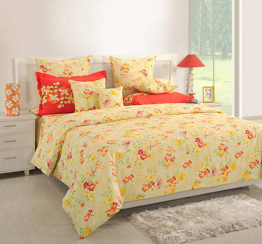 cheerful floral bedding, 120TC cotton bedsheet, vibrant garden bedroom decor, yellow floral bedspread, botanical cotton bedding, soft comfortable bedding, premium 100% cotton set, bright bedroom textiles, colorful nature-inspired bed linen, energetic floral patterns