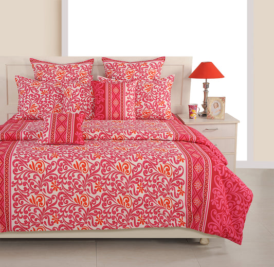 radiant ethnic bedding, 120TC cotton bedsheet, vibrant floral bedroom decor, red and pink bedspread, ethnic motif linen, comfortable stylish bedding, premium cotton bedding set, intricate floral design, luxurious bedroom textiles, bold pattern bed linen