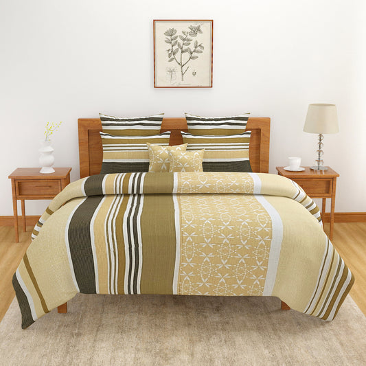 earthy striped bedding, 120TC cotton bedsheet, geometric bedroom decor, olive mustard bedspread, vertical stripe bedding, comfortable stylish bedding, premium cotton bed linen, contemporary home textiles, light pattern bedspread, tranquil bedroom style