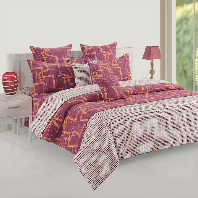 modern geometric bedding, 120TC cotton bedsheet, bold red bedroom decor, contemporary bedspread, stylish cotton bedding, abstract design linens, vibrant bedding set, intricate pattern bed cover, high-quality cotton bedding, unique bedroom aesthetic