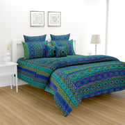 Bohemian cotton bedsheet, Exotic pattern bedding, Jewel-tone bedroom decor, Intricate design bedsheets, Luxury boho bed linen, Artistic cotton bedspread, Vibrant blue green bedsheet, Traditional motif bed cover, Rich patterned textile, Eclectic bedroom style, Ornamental bed decor, Indigo and emerald bedding, Old-world charm bedsheet, Mystical bedroom design, Bohemian sanctuary linen