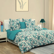 Floral cotton bedsheet set, 200TC bedding, multicolour bed linens, teal and white bedroom design, large pattern sheets, botanical bedspread, vibrant cotton comfort, garden-inspired duvet cover, bright floral textiles, luxury cotton sleep, nature-themed bedroom style, teal bloom pattern.