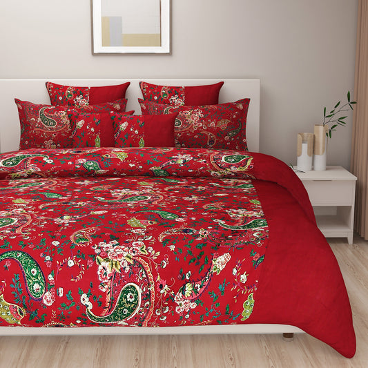 Crimson paisley bedsheet, luxury cotton bedding, 200 thread count bed linens, maroon floral pattern, garden-inspired bedspread, traditional paisley bed set, opulent bedding collection, crimson garden bedroom, artisanal paisley design, high-quality cotton bed sheets, regal bedroom decor, paisley cotton duvet set.