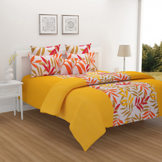 Autumn leaves bedsheet set, 200 thread count cotton sheets, abstract floral bedding, yellow and orange bedroom decor, seasonal pattern bedspread, vibrant cotton bed linens, fall-inspired duvet cover, colorful bedroom textiles, artistic bedding collection, cozy autumnal bed decor