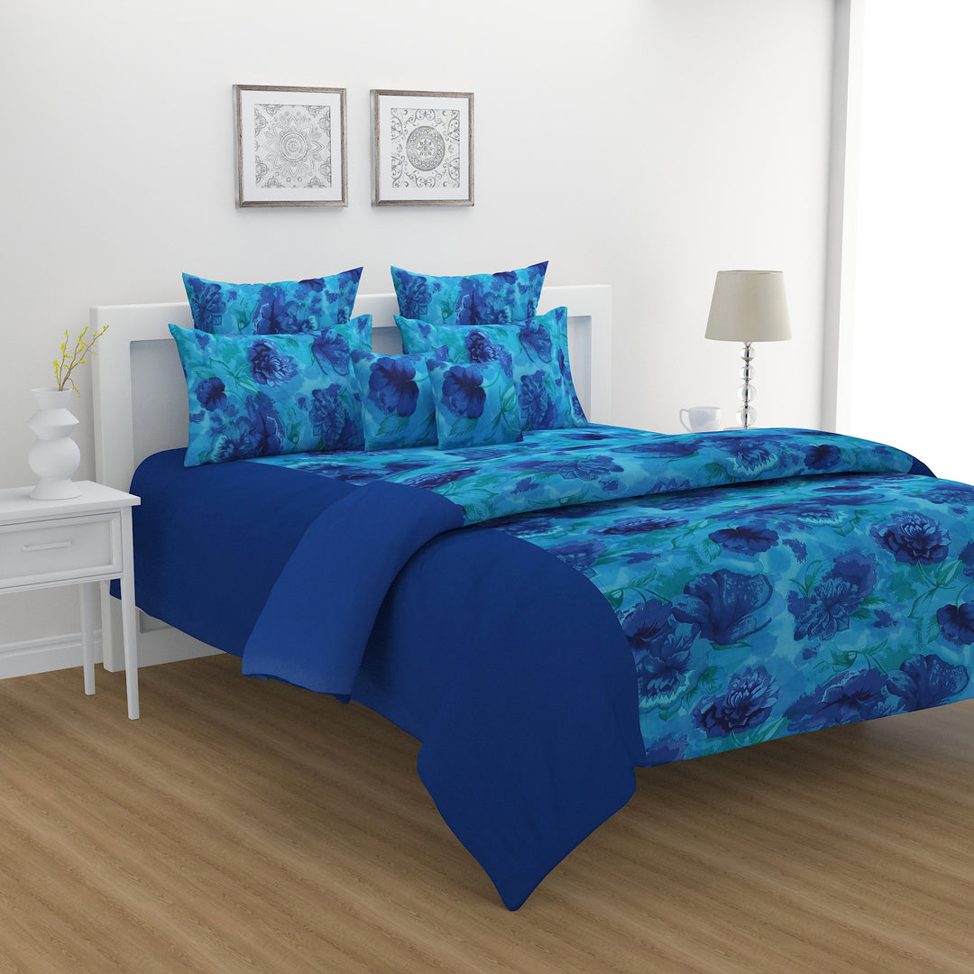 Blue valentine bedsheet set, ocean-themed cotton bedding, 200 thread count luxury sheets, nautical floral bed linens, deep blue bedspread, marine life bedroom decor, elegant floral pattern sheets, romantic bed set, serene ocean bedding, navy blue cotton comfort, underwater botanical design.