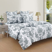 dark grey floral bedding, ethnic floral bedding set, 144TC roto cotton sheets, sophisticated bedroom design, elegant Indian motif bedding, luxury grey floral linens, premium ethnic bedspread, large pattern floral bedding, monotone bedding set, high-quality cotton bed linens