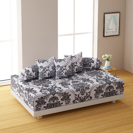 dark grey floral bedding, ethnic floral bedding set, 144TC roto cotton sheets, sophisticated bedroom design, elegant Indian motif bedding, luxury grey floral linens, premium ethnic bedspread, large pattern floral bedding, monotone bedding set, high-quality cotton bed linens