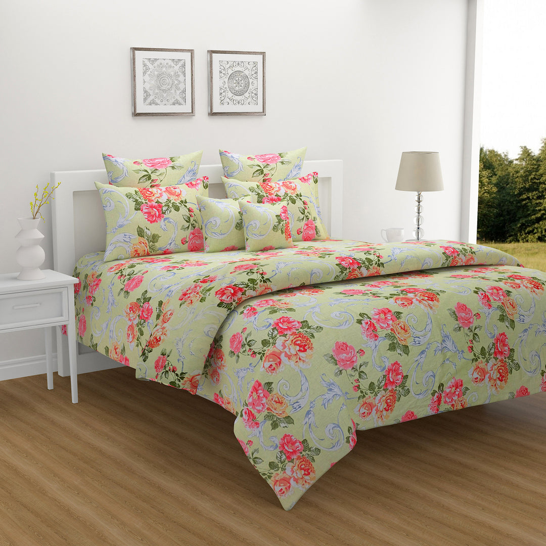 English garden cotton bedsheet, pastoral floral pattern, nature-inspired bedding, green and pink luxury linen, 160 thread count bedspread, multicolor pastel bedroom, large floral print sheets, breathable cotton bed set, botanical bed decor, European floral design, soft cotton comfort, spring-inspired bed linen.