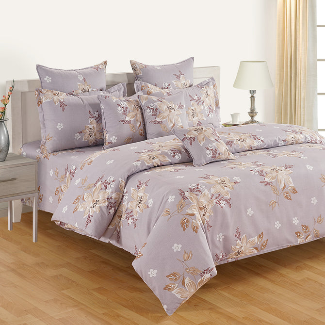 Purple floral bedsheet, beige bloom bedding, 160TC cotton linen, lavender floral pattern, elegant bedroom design, soft purple bedspread, quality cotton sheets, tranquil bedroom decor, sophisticated floral bed linen, luxury comfort bedding, serene night's sleep, premium cotton bed set.