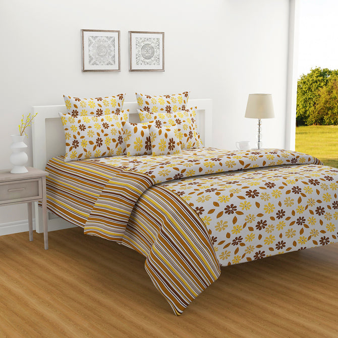 cheerful yellow bedding, daisy print bed set, soft cotton sheets, sunny bedroom design, hypoallergenic bedding, all-season comforter, vibrant floral pattern, quality cotton bedding, 160 thread count luxury, fresh spring bedroom style, bright and bold bed linen.