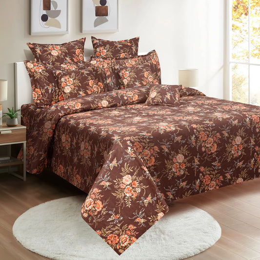 Autumnal Reverie bedding, brown peach blossom bedspread, 160TC floral sheets, dark large pattern duvet cover, 100% cotton bedding set, hypoallergenic floral bedding, luxury comfort cotton, breathable bed linens, durable flower print, botanical bedroom theme, dark warm color palette, seasonal bedroom decor, large floral bedding pattern, comfortable night's sleep, eco-friendly cotton material, soft touch bedding, rich autumn bedroom, chocolate brown bedding, peach flower design, deep earth tones comforter