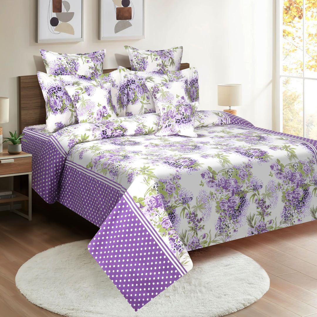 Whispering Lilacs bedding, 160TC purple garden bedspread, floral mix n match sheets, 100% cotton floral bedding, purple white green bedroom, violet grape comforter, luxurious cotton duvet, hypoallergenic floral linen, spring bloom bed set, vibrant bedroom decor, botanical print bedding, serene garden theme, elegant floral patterns, cozy bedroom textiles, high-quality cotton fabric, comfortable and breathable, botanical bedroom aesthetics, lilac-inspired bedding collection, nature-themed sleep sanctuary