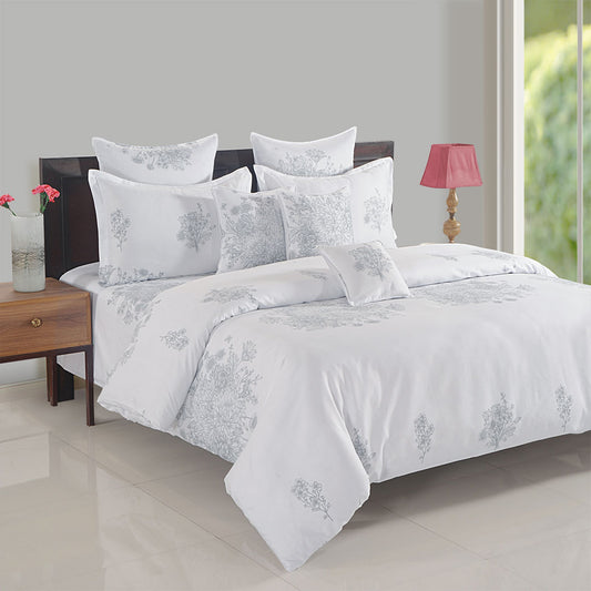 Grey & White Ethereal Blossom  - Ultra Soft 250TC 100% Cotton Satin Bedsheet Set