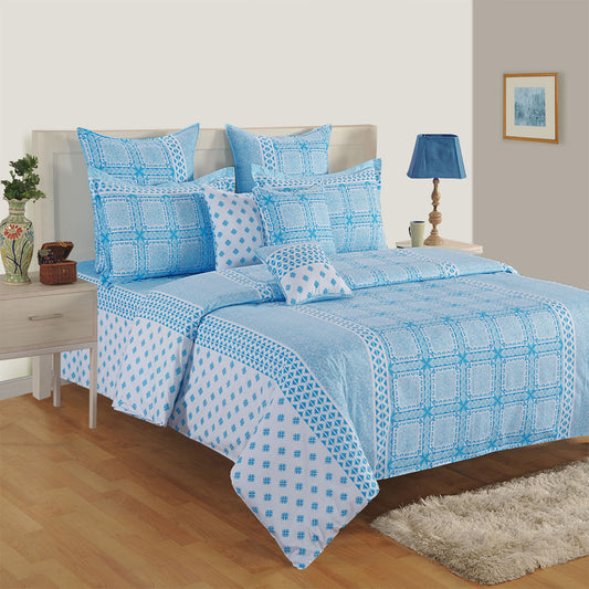 : "luxury cotton satin bedding, geometric pattern bed set, 250 thread count sheets, contemporary bedroom design, blue and white bedding, premium satin bed linen, modern geometric comforter, chic mix-and-match bedding, stylish satin duvet cover, comfortable satin bedspread."