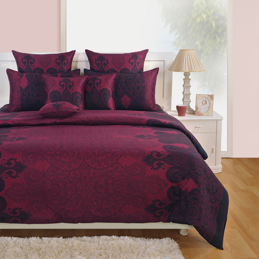 
"ethnic motif bedding, deep magenta bedspread, luxury satin sheets, ethnic pattern duvet cover, rich pink bedding set, wine colored bed linen, opulent bedroom design, traditional motif comforter, elegant home decor textiles, magenta satin bedding, sophisticated bedroom style, heritage pattern bed set"