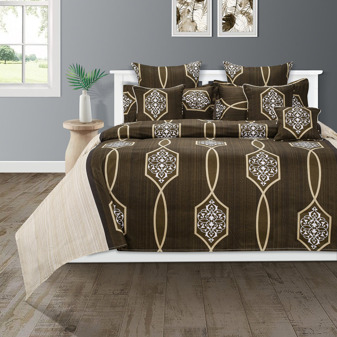 Maroon ethnic bedding, geometric cotton satin sheets, 250TC luxury bedspread, brown geometric duvet cover, ethnic satin bedding, contemporary bedroom decor, deep color bedding set, bold pattern comforter, hypoallergenic satin linens, ethnic chic bed linens.