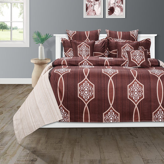 Maroon ethnic bedding, geometric cotton satin sheets, 250TC luxury bedspread, brown geometric duvet cover, ethnic satin bedding, contemporary bedroom decor, deep color bedding set, bold pattern comforter, hypoallergenic satin linens, ethnic chic bed linens.