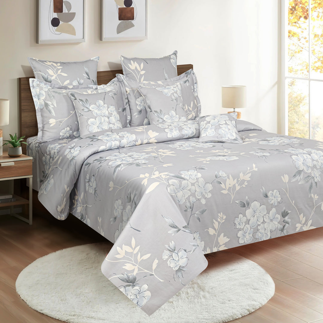 Champa flower bedding, grey cotton satin, 250 thread count luxury, floral pattern sheets, hypoallergenic duvet cover, nature-inspired bed set, soothing bedroom decor, premium quality linens, elegant botanical design, all-season comforter.