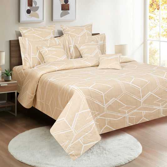 : Fawn geometric bedding, cotton satin bedspread, abstract pattern sheets, neutral bedroom decor, hypoallergenic comforter, contemporary bedding design, satin geometric linens, modern fawn bedding set.