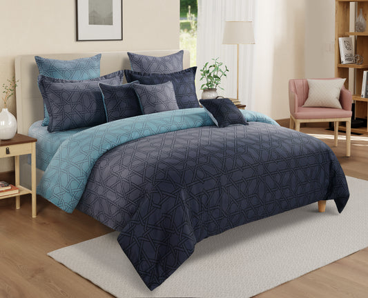 Midnight Geometry bedding, geometric pattern sheets, abstract design bedspread, cotton satin bedroom set, luxurious bedding collection, modern sleep decor, blue geometric comforter, stylish satin linens, dark blue bedroom aesthetics, abstract art bedding, contemporary home textiles.