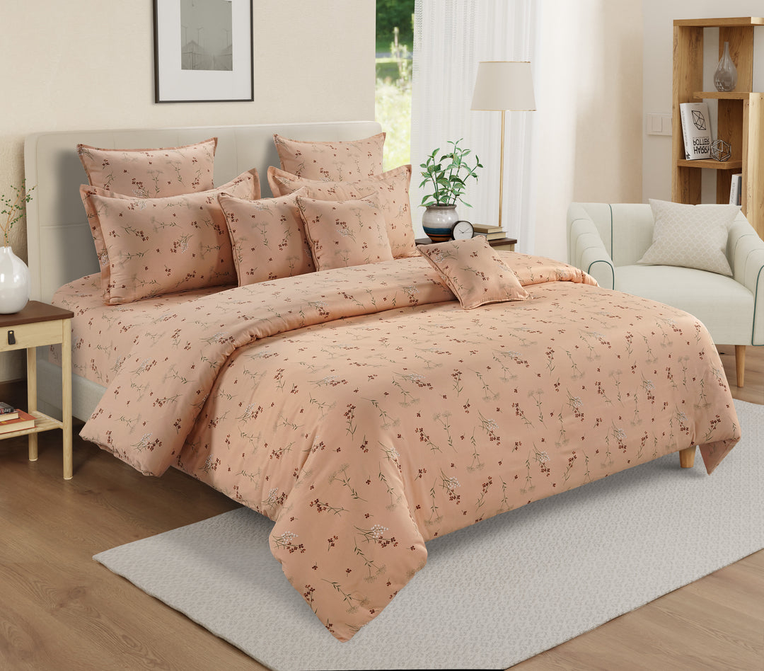 Meadows Blush bedding, floral peach cotton satin, hypoallergenic bed set, all-season comfort bedding, serene botanical design, luxury bedroom textiles, soft satin sheets, durable and soft bedspread, elegant meadow-inspired linens, peaceful bedroom aesthetic.