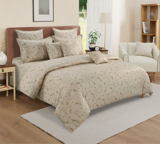 Warm beige bedding, botanical print bedspread, cotton satin sheets, hypoallergenic comforter set, all-season bedroom comfort, nature-inspired bed linens, elegant botanical bedding, versatile decor textile, soft cotton satin, durable bed set, luxury bedroom collection, serene bedroom design.