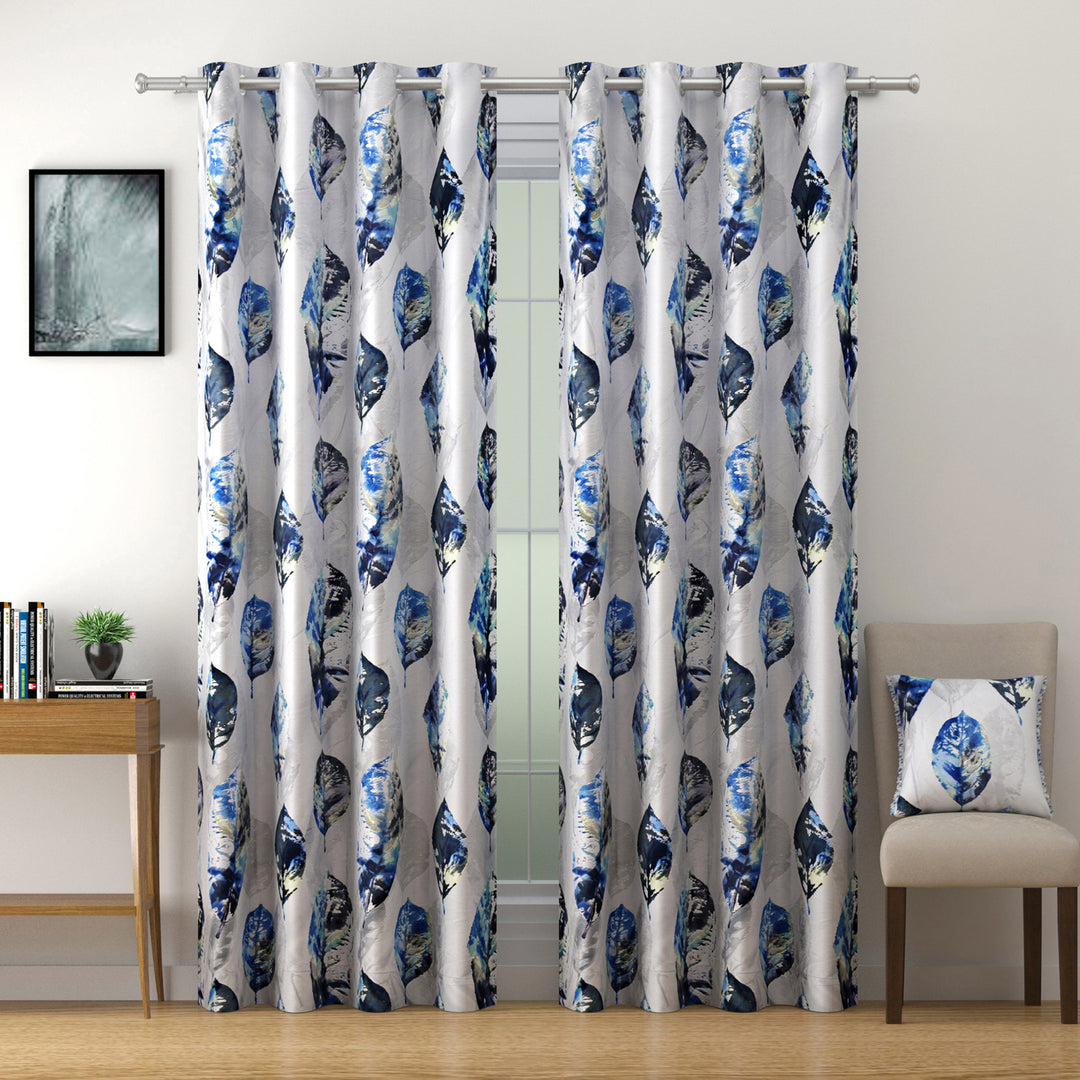 Leaf Harmony - 330GSM 90% Blackout Off White and Blue Leaves Print Polyester-Knitted Curtain